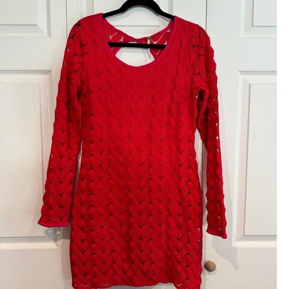 Free People Red Crochet Chevron Knit Long Sleeve Open Back Mini Dress - Picture 1 of 8
